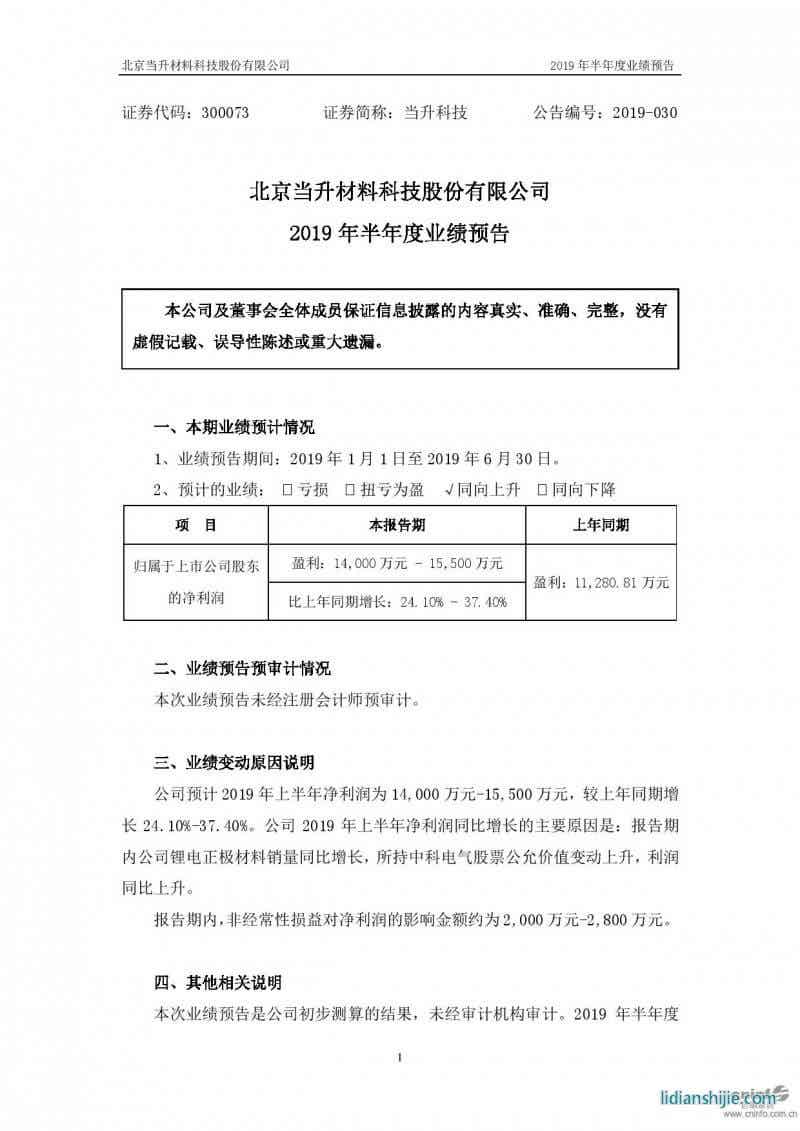 2019年半年度業績預告原文 2019年半年度業績預告原文
